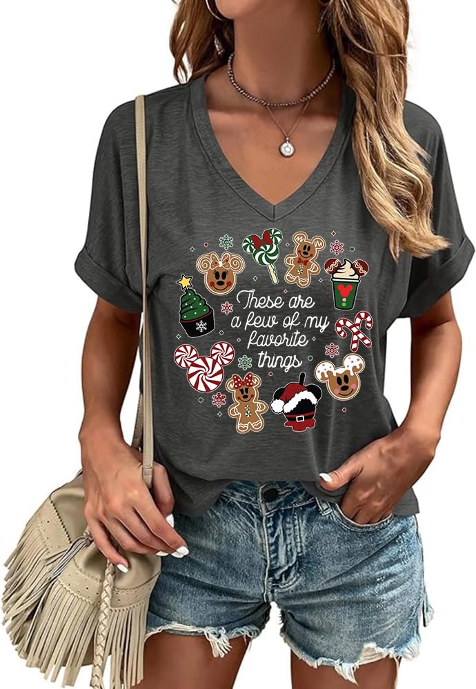 NigbrizChristmas Graphic V Neck Shirt for Women Casual Holiday Short Sleeve Tee Xmas Funny Printed Winter Tshirt Tops