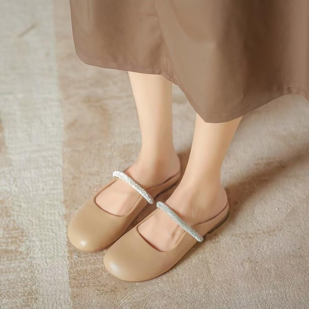 VFDB Women Mules Elegant Dressy Flats Closed Toe Microfiber Leather Shoes Adjustable Buckle Strap Mary Jane Casual Office Shoes