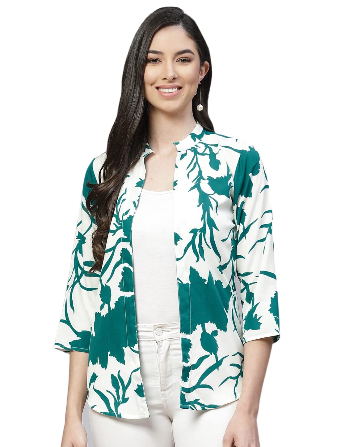 Women Green & White Printed Tropical Shrug-image-44