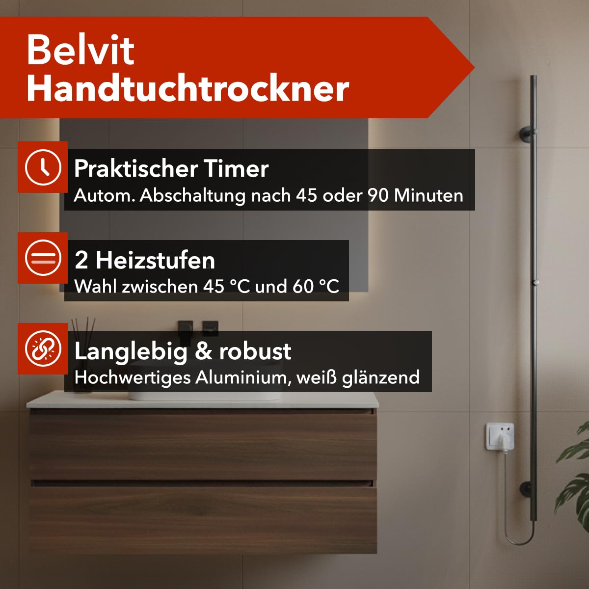 Belvit elektrischer Handtuchtrockner einzeln, Handtuchwärmer elektrisch mit 2 Heizstufen 45/60 °C, Timer 45/90 Min., 60 W, Aluminium, 2 Haken, Wandmontage mit Stecker – Grau Gebürstet