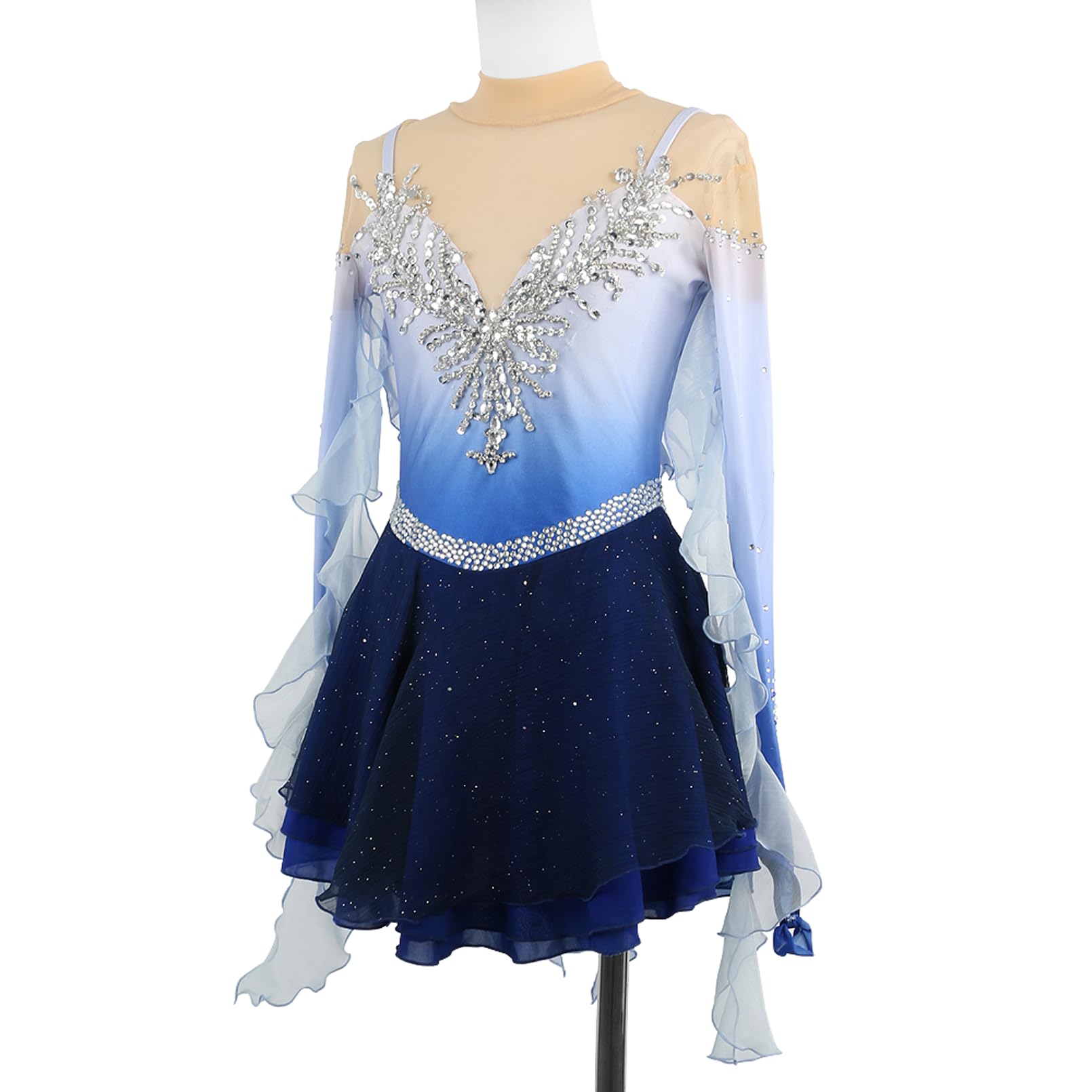 Vestido Patinaje Artistico Niña, Maillot Azul Cinta Manga Larga Mujer de Lentejuelas Rhinestone, Vestido De Baile Lírico Maillot