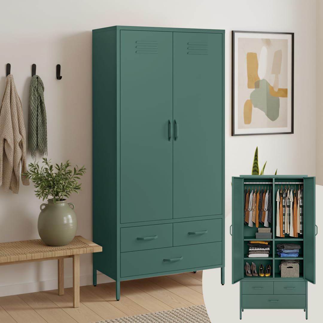 skølm Kleiderschrank Atria Metallschrank mit 2 Türen und 3 Schubladen, Dunkelgrün, 170x80x45 cm