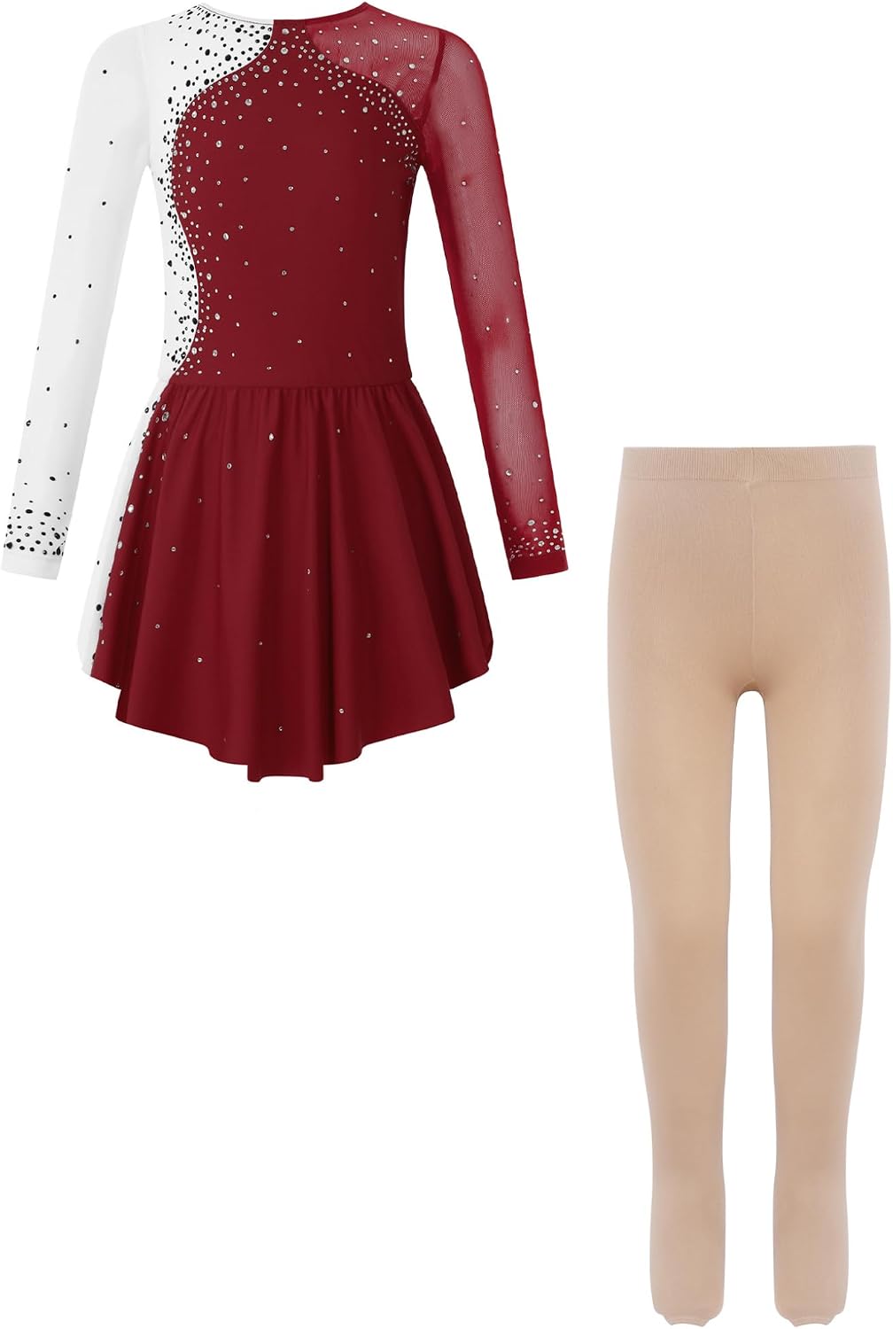 Hansber Kids Girls Figure Skating Outfit Long Sleeve Dance Dress with Footed Tights Trousers Cover The Boots Set Burgundy 10 Years