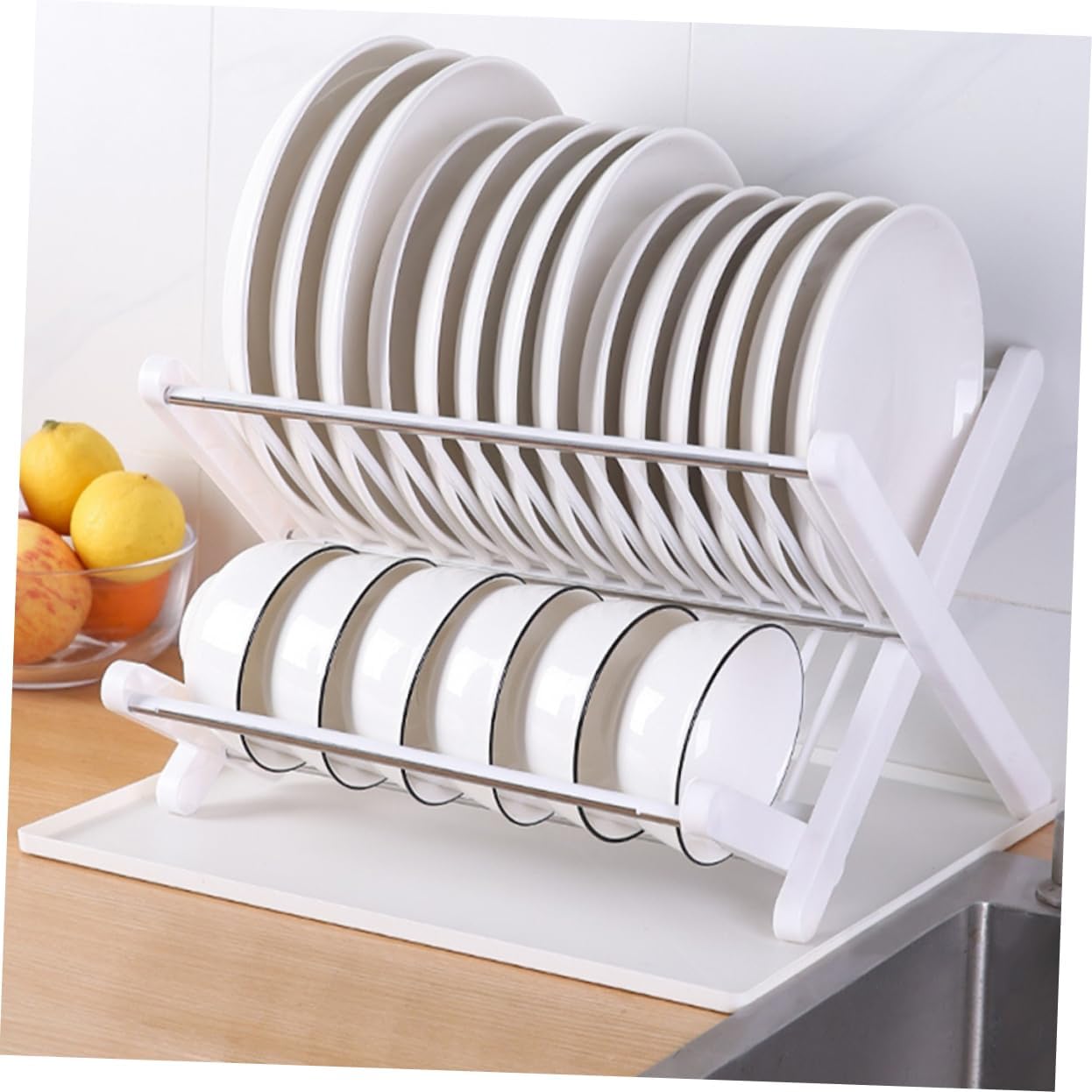 Cabilock Folding Dish Rack with Drain Tray Large Capacity Kitchen Plate Drying Strainer Smooth Surface Tableware Organizer for Bowls and Plates Space Saving White Dish Drainer for