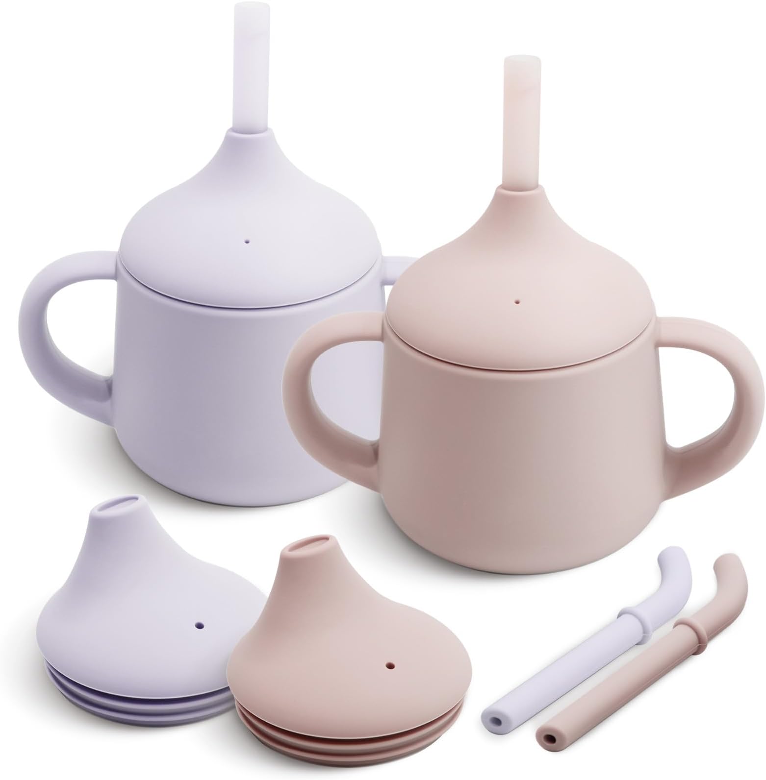 Silicone Baby Sippy Cup 6+ Months with 2 Straws (Free Flow & Leak-Proof Valve) | 3 Stage Transition | Baby Water Bottle | BPA Free & Dishwasher Safe | 120ml(Blush/Mauve)