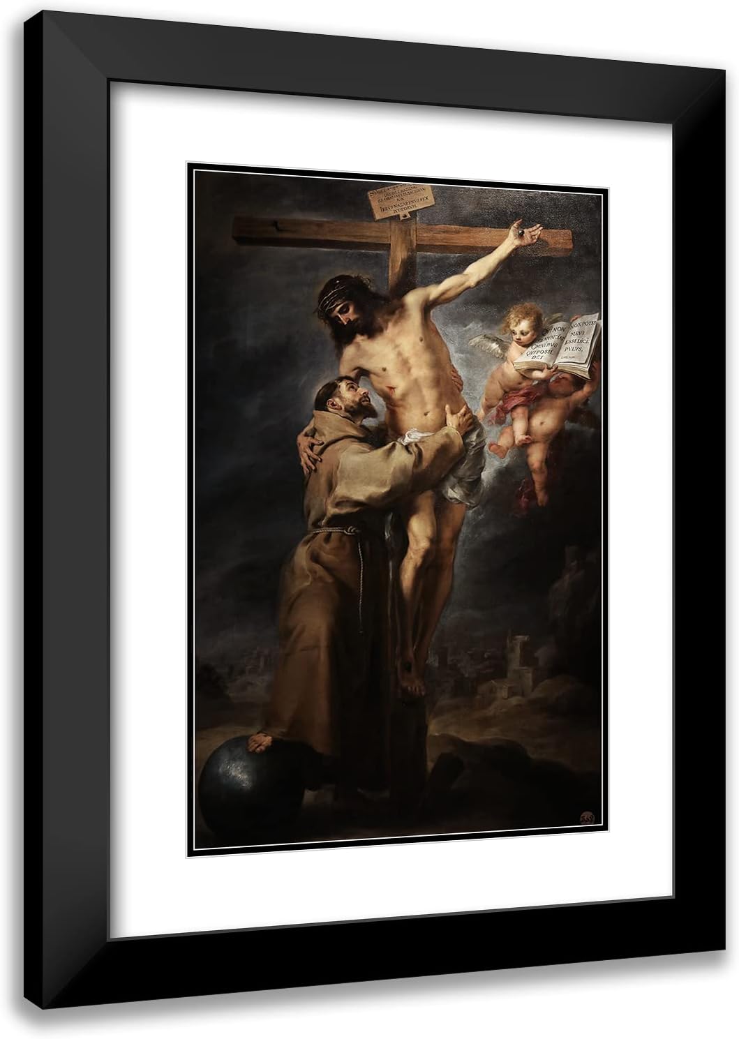 ArtDirect Bartolomé Estebán Murillo 17x24 Black Modern Frame and Double Matted Museum Art Print Titled - Saint Francis of Assisi Embracing the Crucified Christ