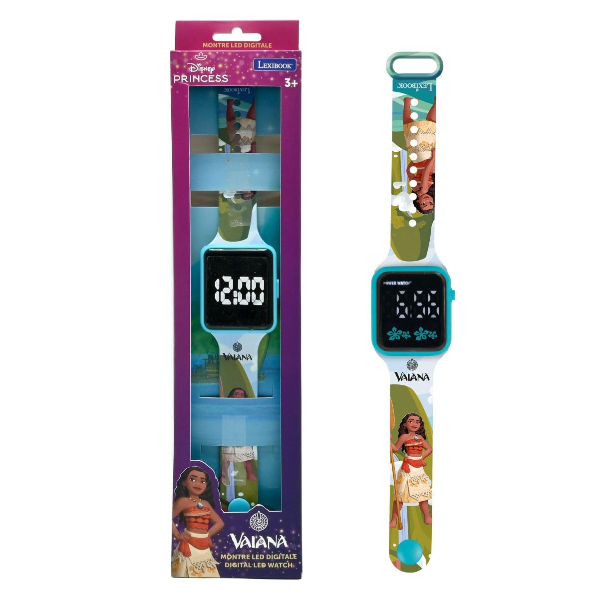 Lexibook Vaiana Montre Digitale Enfant - Affichage 12/24h - Bracelet Ajustable Bleu/Rouge DMW060VN