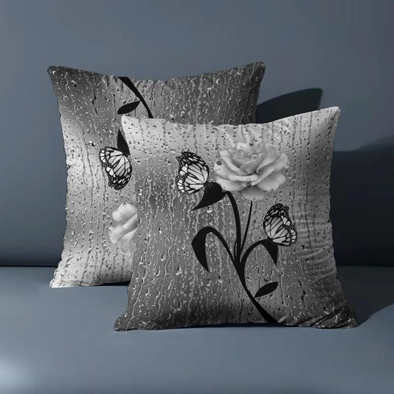 KOBERR 2pcs Elegant Decorative Throw Pillow Cover with Butterfly and Rose Design, Black and White Raindrop Pattern, Square Shape，18x18 Pillows Linen Pillowcase