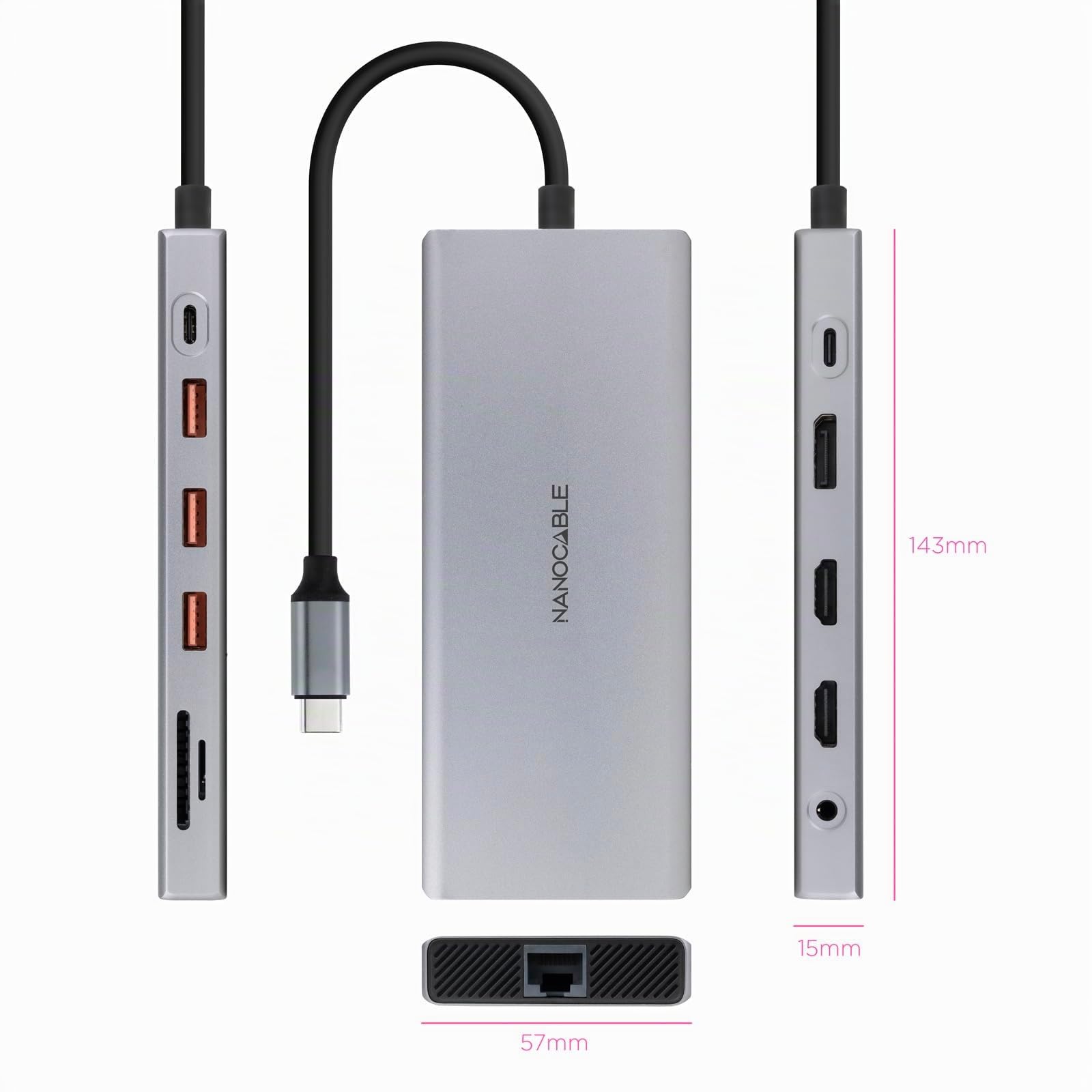 NANOCABLE 10.16.4612 - Hub USB-C 12 en 1, Conversor USB-C 3.1 a 3xUSB-A 3.2 + USB-C 3.2 + USB-C PD + 2xHDMI 4K@60Hz + DP 4K@60Hz + RJ45 1Gbps + TF + SD + Audio Jack 3.5, Aluminio, Gris, 18 cm