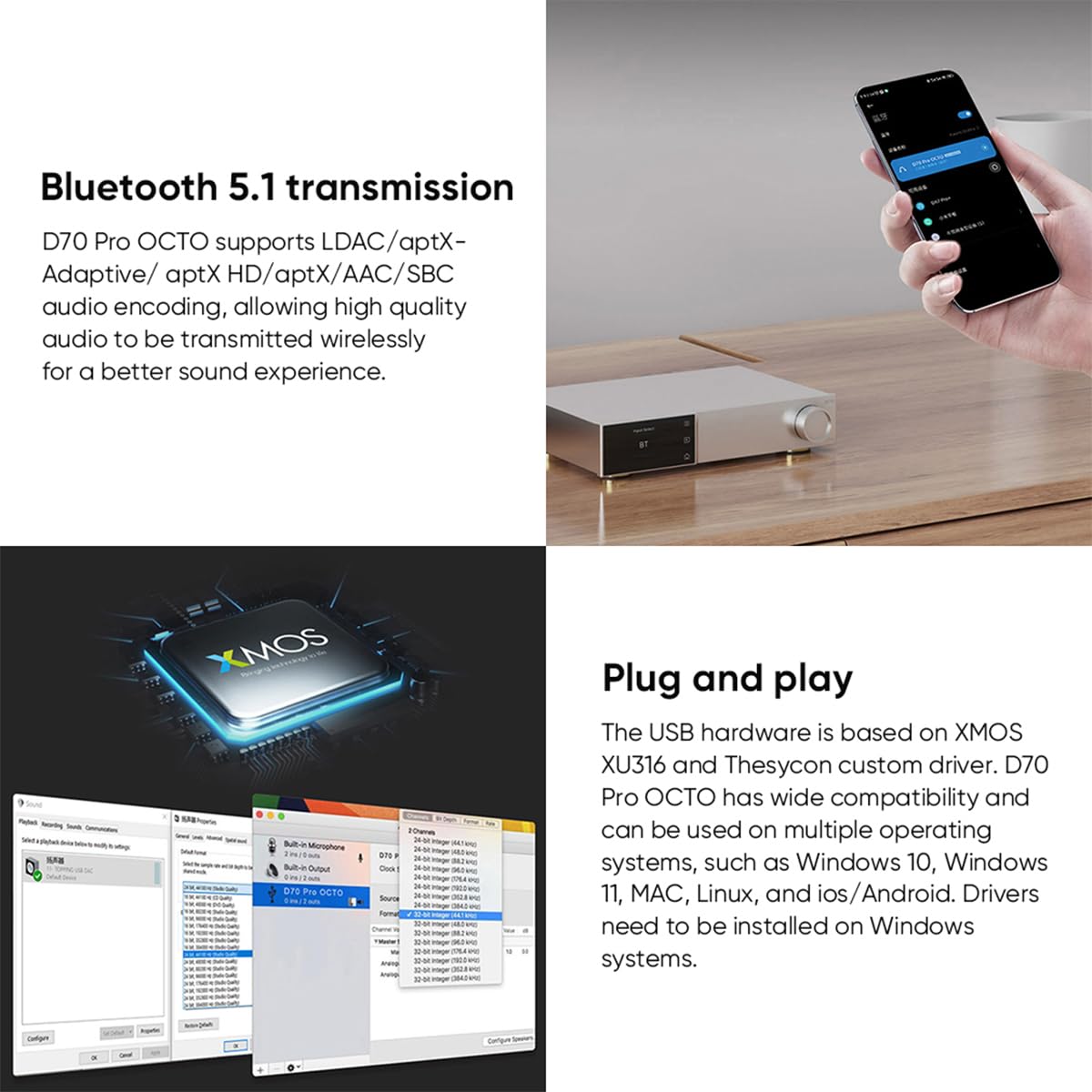 Topping D70 Pro OCTO DAC Full Bilanciato: 8x CS43198 XMOS XU316 DSD512 PCM768kHz, Bluetooth5.1 LDAC, DA ingresso USB/AES/BT/Ottico/Coassiale DAC, supporto Aurora UI/FFT/VU (Nero)