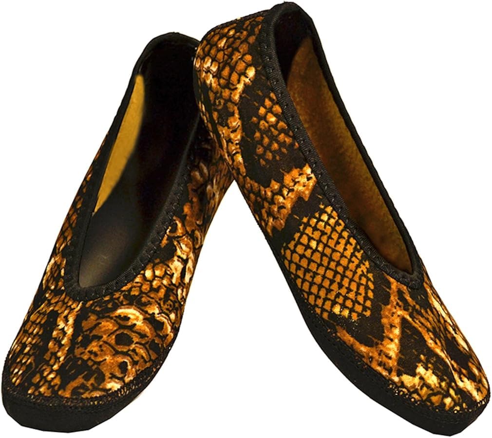 Nufoot Ballet Flats: Women’s House Slippers for Indoor Use, Neoprene Socks with Slip-Resistant Soles, Wear as Yoga or Pilates Shoes, Gold Snake, Large