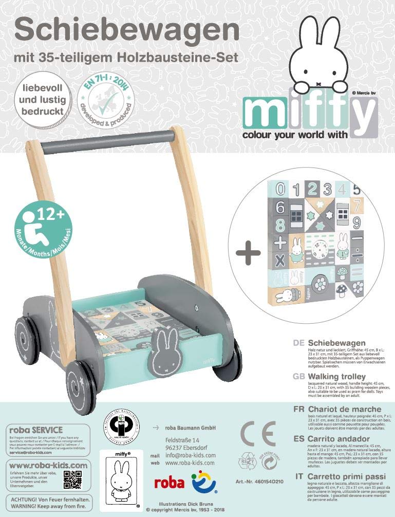roba Schiebewagen miffy mit 35-teiligem Bauklötze-Set, Holz natur und lackiert, Griffhöhe: 45cm, BxL: 23x31cm, als Puppenwagen nutzbar