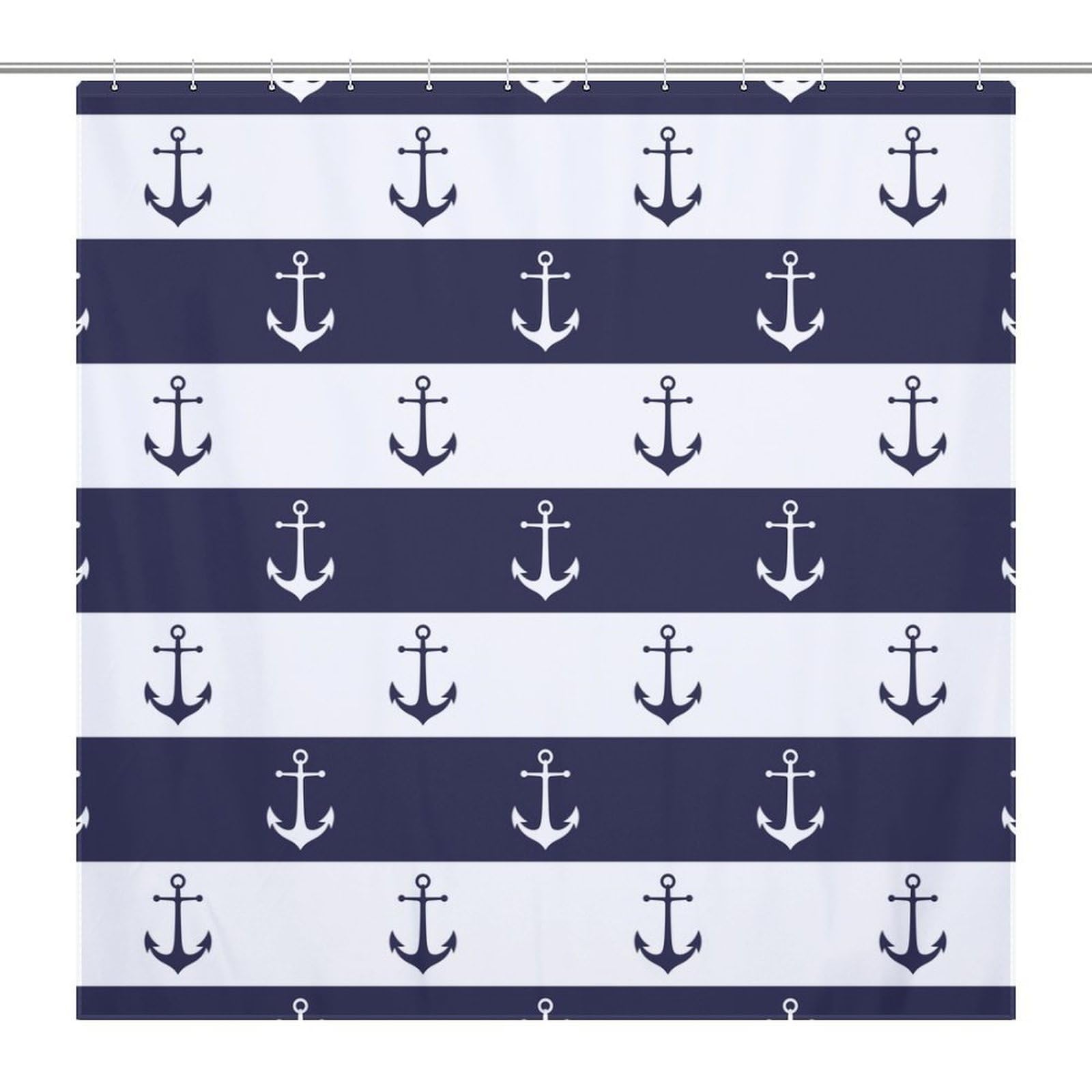 BenYaSong Nautical Anchors Shower Curtain, Anchors White Dark Blue Colors Simple Striped Marine Boyish Theme Polyester Waterproof Cloth Bathroom Curtain with 12 Hooks 55x72Inch（140x183cm）