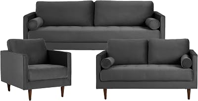 MidCen Wooden 6 Seater 3+2+1 Sofa Set with Comfortable High-Density Foam for Living Room (Upholstered- Gray Velvet Fabric)