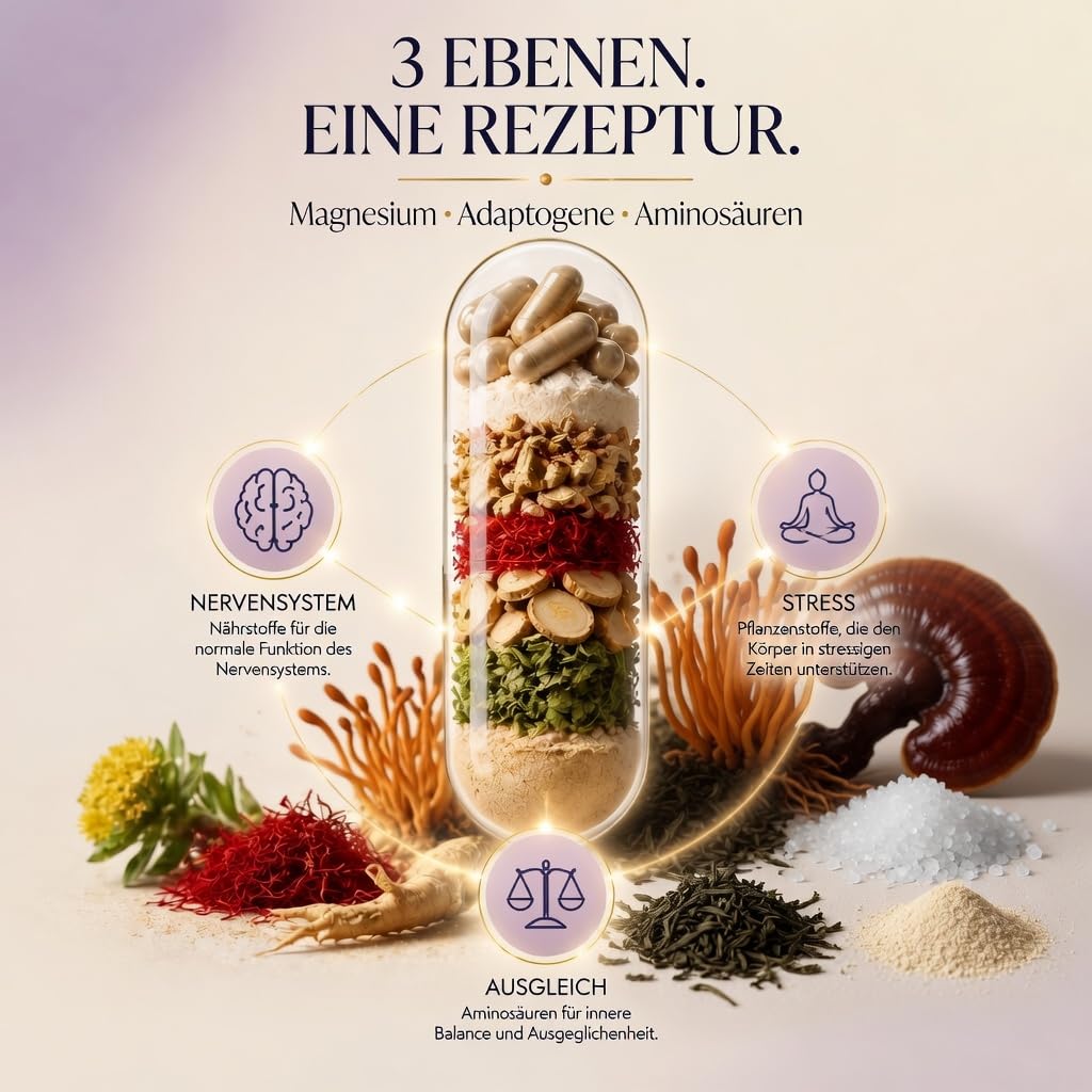 Basis 3 Nervenfreund Adaptogene Komplex: L-Theanin Rhodiola Safran | Inositol & Sibirischer Ginseng Magnesium & Vitamin B6, B12 für Nervensystem & Psyche 90 Kapseln