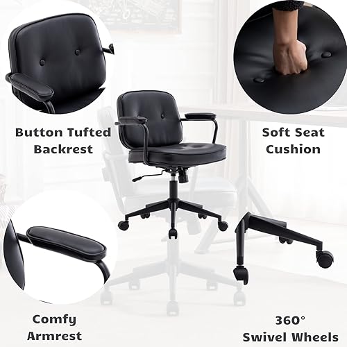 Miniatura 5 de HEAH-YO Silla de escritorio de piel sintética para oficina en casa, silla de escritorio de computadora ajustable en altura con ruedas y brazos,