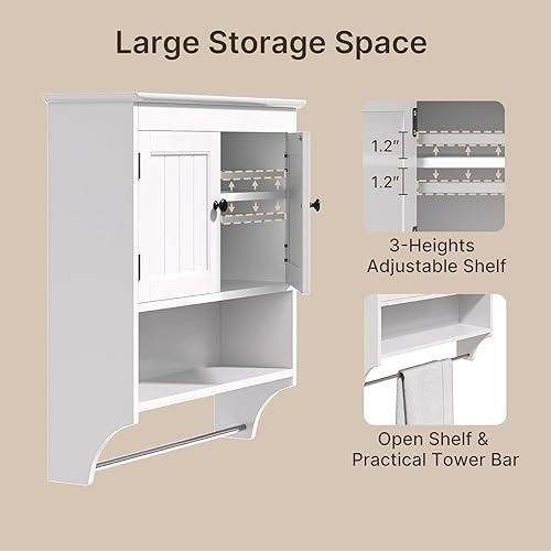Miniatura 9 de Bealife Armario de pared de baño con barra de toallas, botiquín montado en la pared con 2 puertas y estantes ajustables, ahorro de espacio sobre el