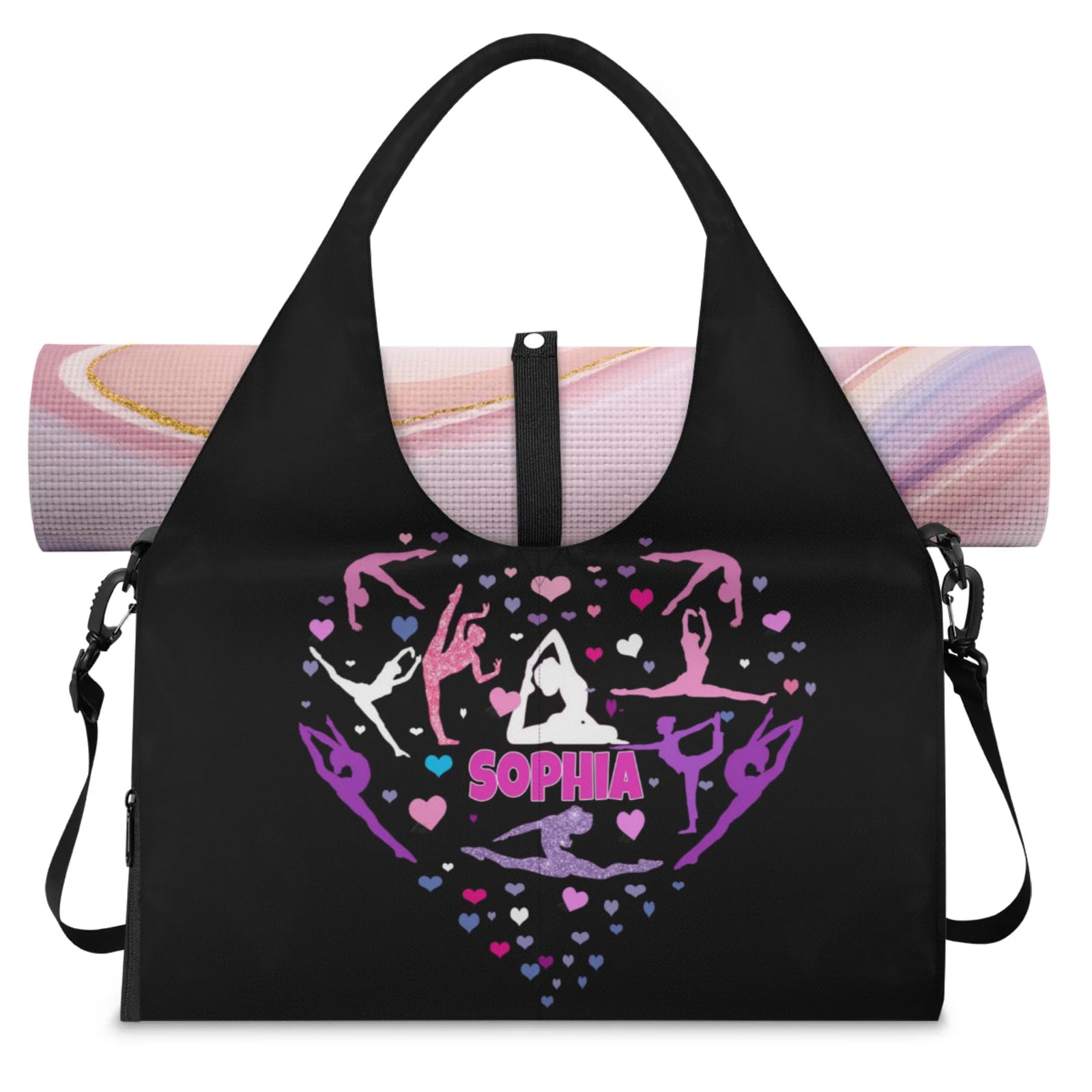 KFNHN Custom Name Gym Bag for Women with Shoe Compartment, Personalized Black Yoga Mat Bag Weekender Bag with Shoulder Strap, Love Heart Pink Purple Yoga Silhouette