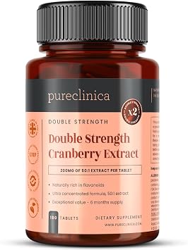 pureclinica High Strength Cranberry Extract Tablets 180 Count Ultra Concentrated Formula 6 Month Supply