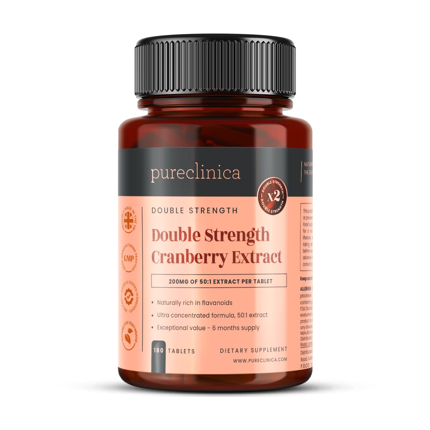 pureclinica High Strength Cranberry Extract Tablets – 180 Count – Ultra Concentrated Formula – 6 Month Supply