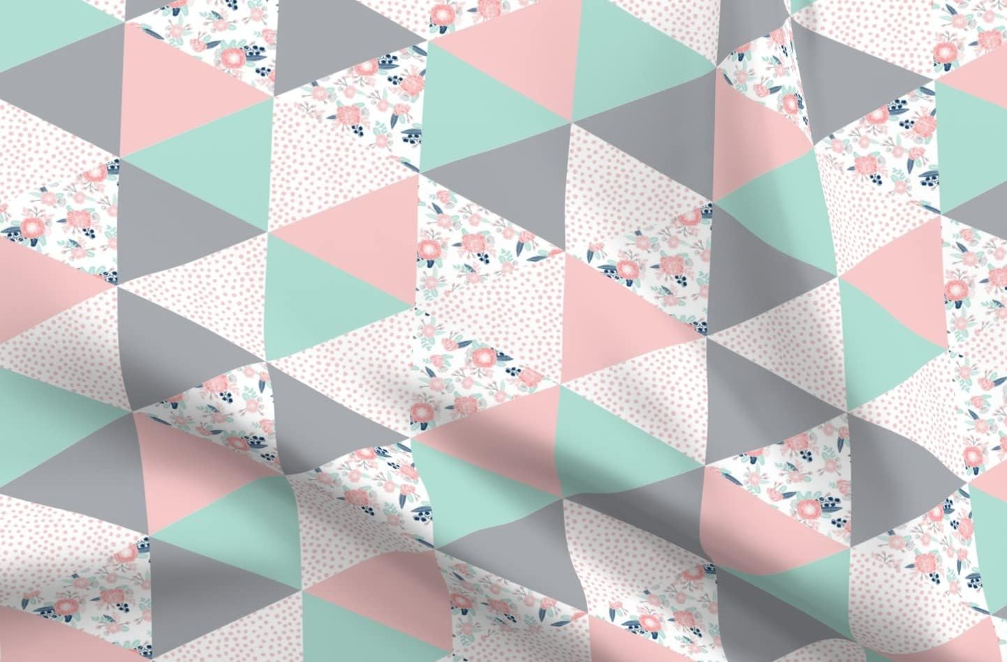 Spoonflower Fabric - Cheater Quilt Pink and Mint Floral Girl Girls Patchwork Printed on Upholstery Velvet Fabric Fat Quarter - Upholstery Home Decor Bottomweight Apparel