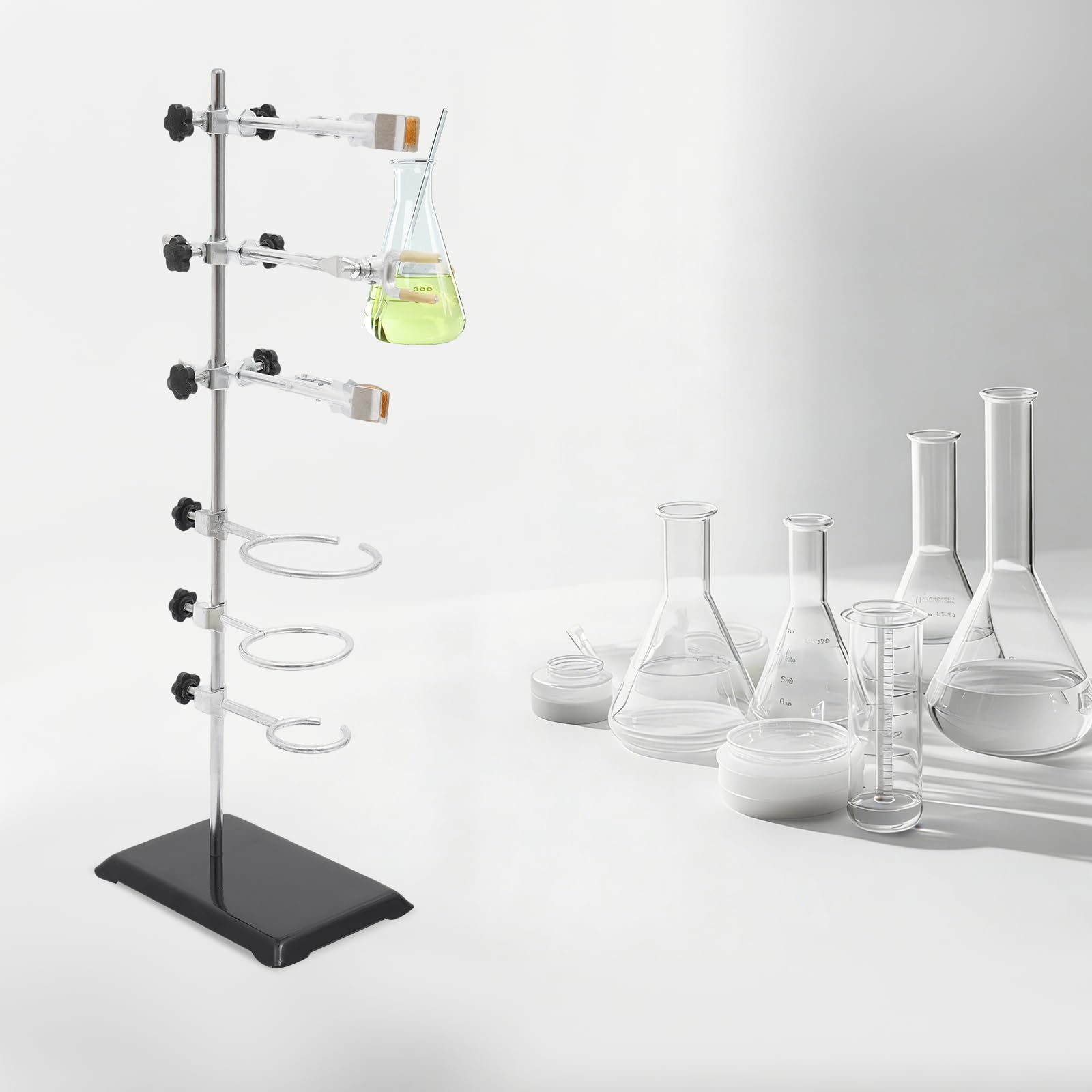 Set di cavalletti da laboratorio con base, 60 cm, in ferro, con 3 morsetti a pistone, 3 morsetti ad anello da 6/8/10 cm e 3 morsetti a croce per chimica e fisica