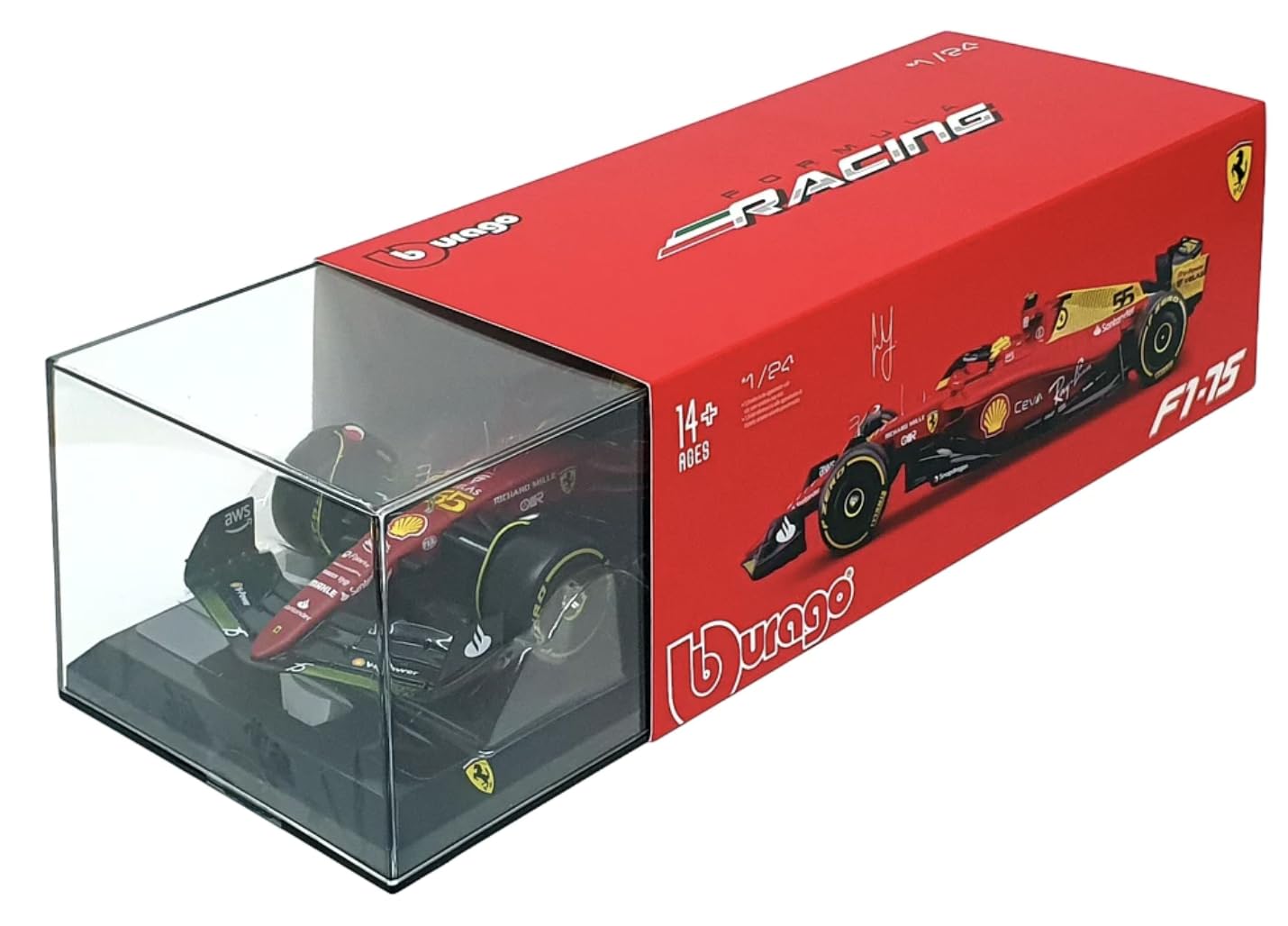 Bburago Druckguss-Modell Grand Prix Auto im Maßstab 1:24, kompatibel mit Ferrari F1-75 Carlos Sainz (75. Jubiläums-Limage, italienischer GP 2022) in Rot/Gelb