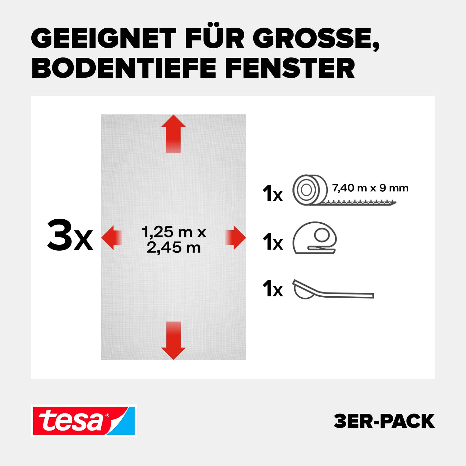 tesa Insect Stop Klett Fliegengitter Premium für Fenster, Insektenschutz mit starkem Klettband, rückstandsfrei entfernbar, zuschneidbar, ohne Bohren - 3X 125 cm x 245 cm - Anthrazit (Durchsichtig)