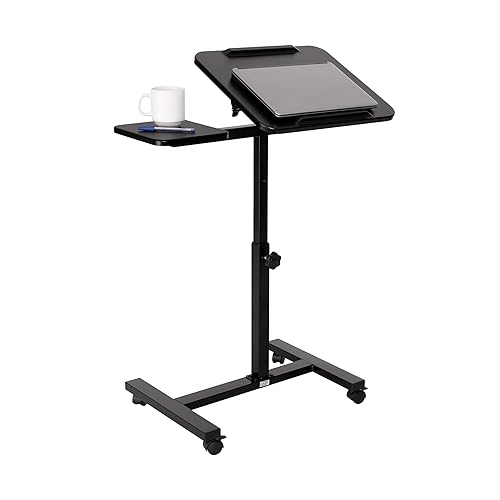 Seville Classics Airlift Height Adjustable Mobile Rolling Laptop Cart Computer Workstation Desk, Table for Home, Office, Classroom, Hospital, w/Wheels, Black, Tilt w/Side Table (28") (New Model) - Black - Tilt w/ Side Table (28") (NEW MODEL)