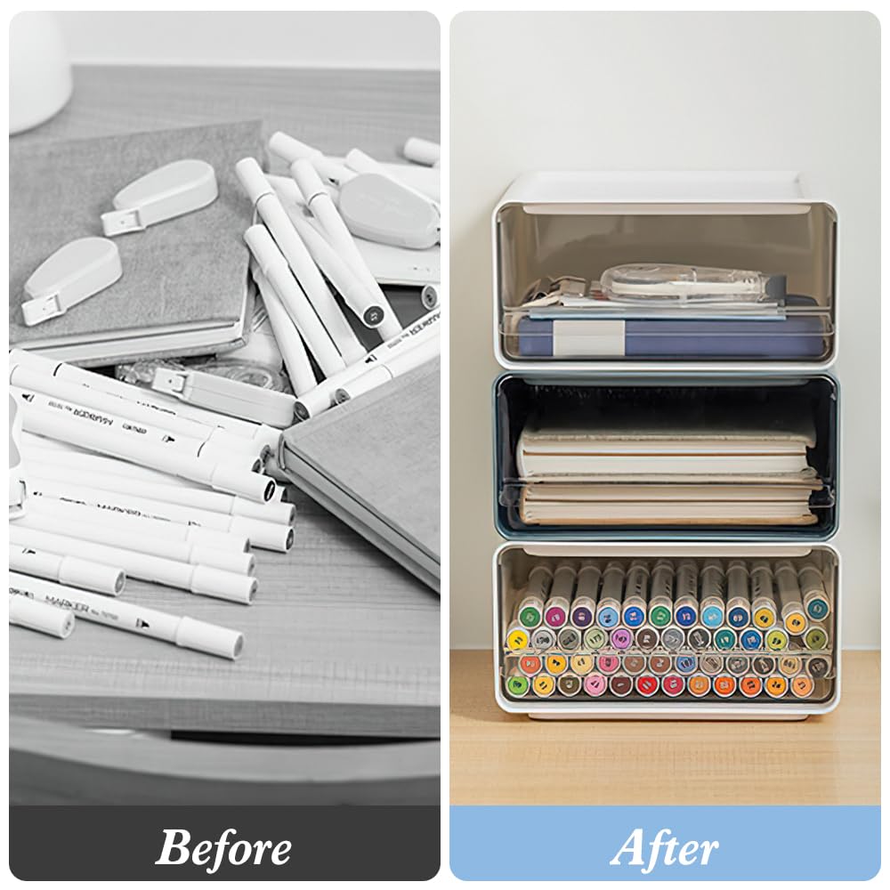 Organizer mit Schubladen Acryl 3 Stück, Schreibtisch Organizer a5, Schubladenbox Stapelbar, Büro Aufbewahrungsbox für Stifte, Radiergummi und Anderes Bürozubehör, Transparent Weiß