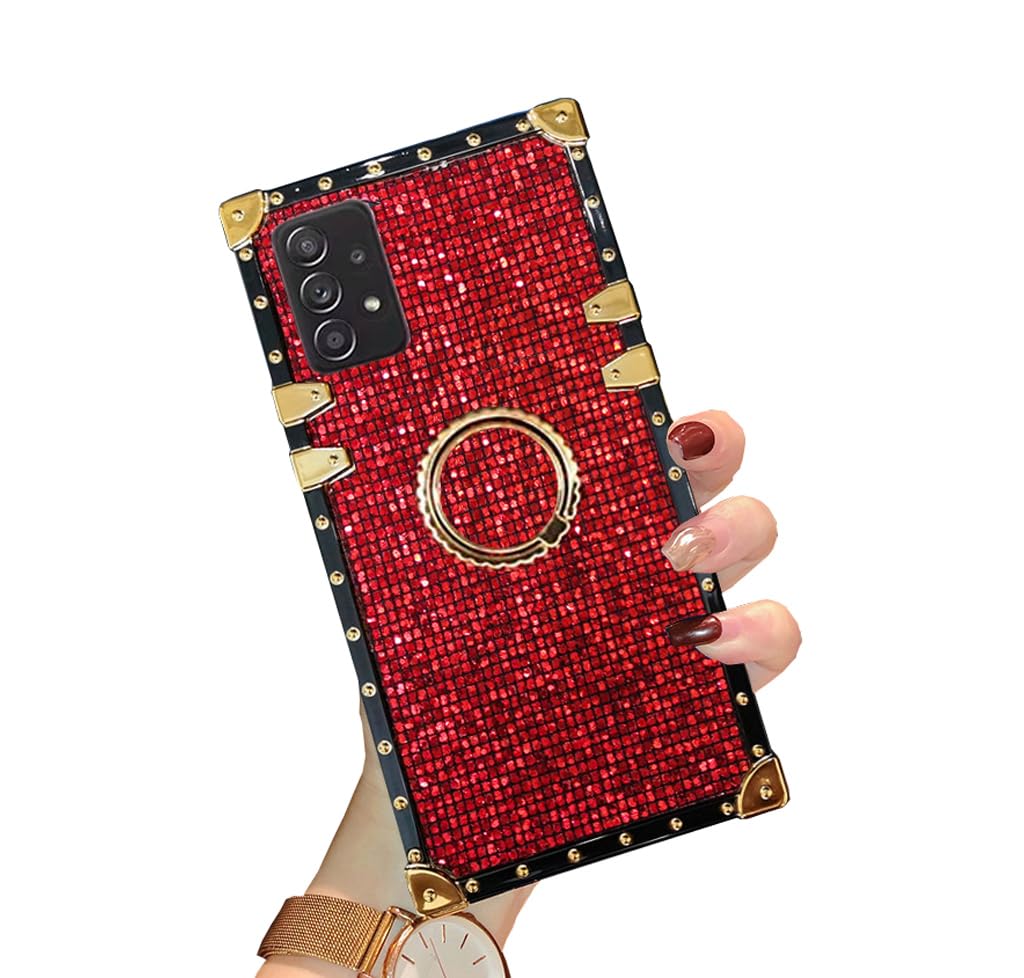 ZBCLV for Samsung Galaxy A15 Bling Case,Luxury Bling Glitter Sparkle Cute Gold Corner Soft Trunk Cover with Finger Ring Grip Kickstand Phone Skin,Red