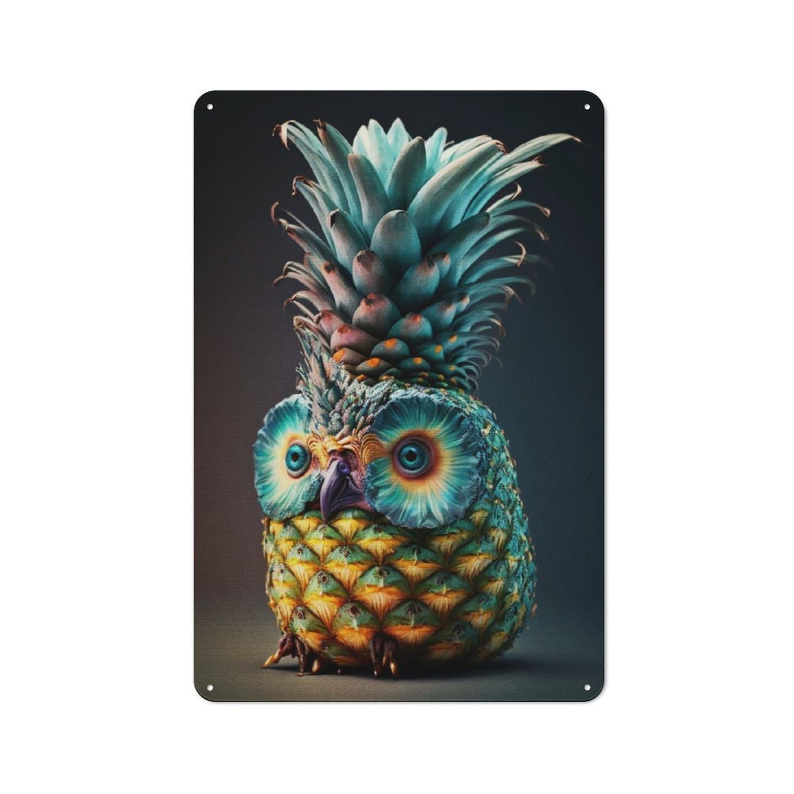 Junmoney Pineapple Owl Portrait Vintage Metal Plaque 30X20cm, Diner Style Decor For Coffee Bar, Kitchen, Bistro Or Tea Corner