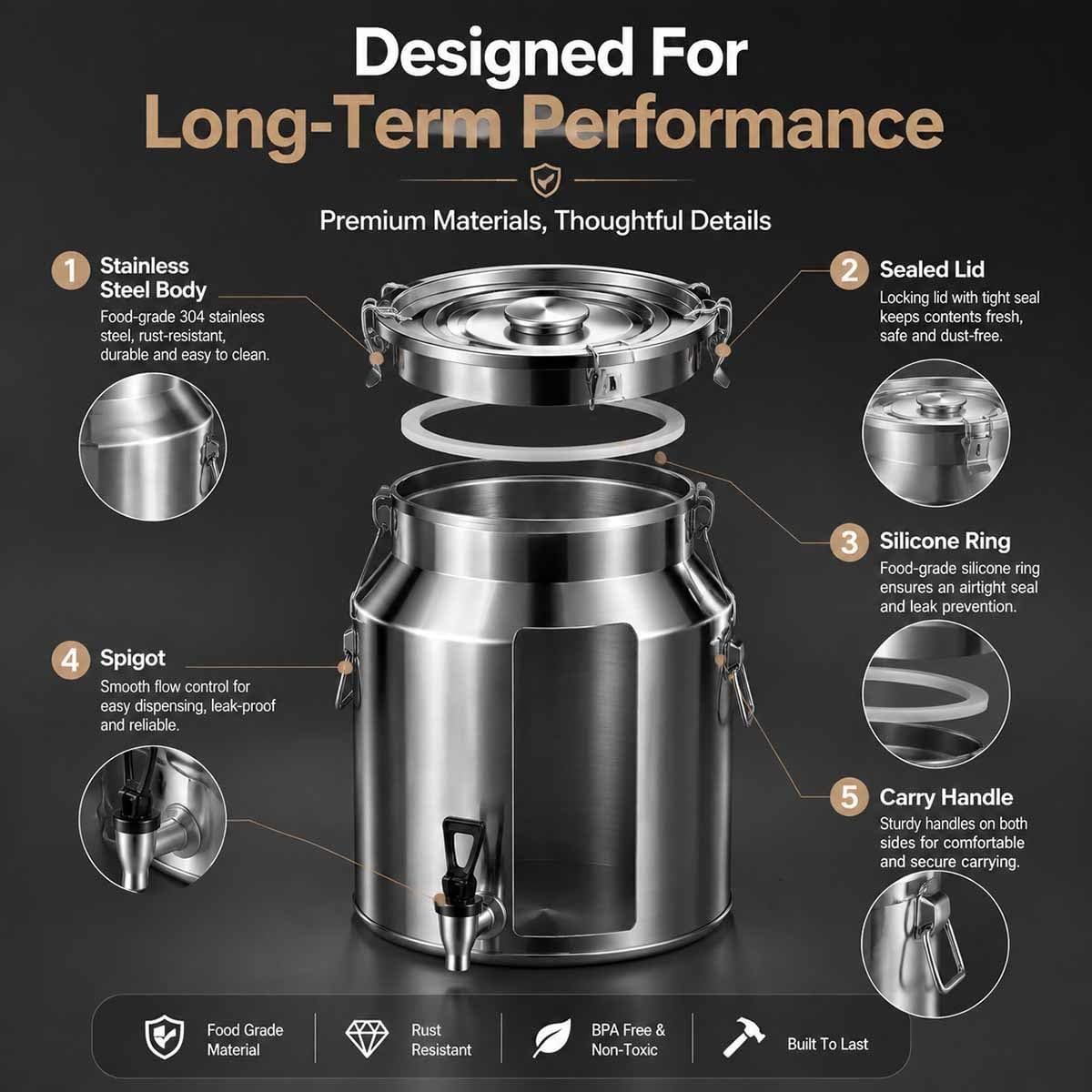 5-100L Lata De Transporte De Leche, Contenedor Leche Acero Inoxidable 304 | Cubo De Leche De Acero Inoxidable Barril De Cubo De Vino Con Espiga De Grifo Antigoteo(Without faucet,76L)
