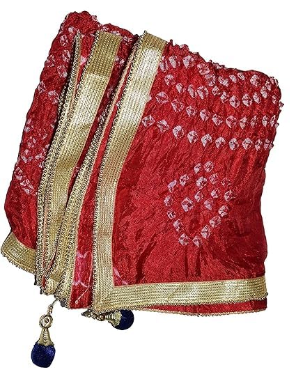 Traditional Red Bandhani Dupatta with Gold Border, Tie-Dye Pattern, Embellished-image-31
