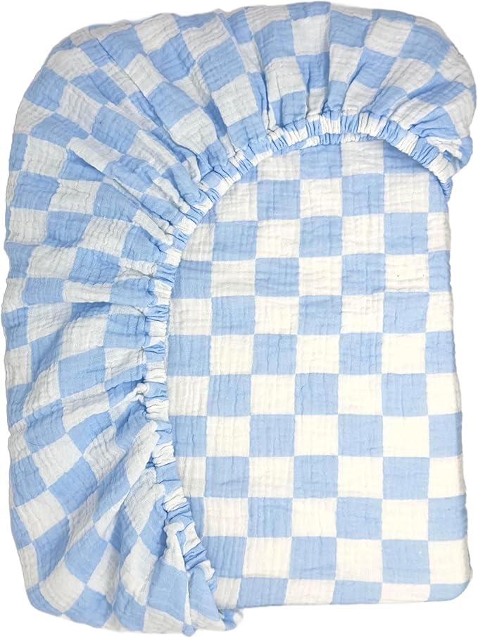 Image of Bolton Baby Co. Fitted Muslin Checkered Crib Sheets Breathable Cotton Crib Sheet for Baby Girl or Boy, Standard Fit for Crib Mattress or Toddler Bed 28"x52" (Sky)