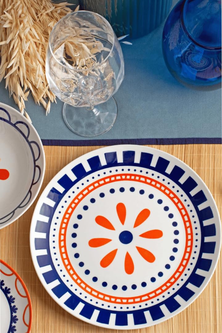 H&H Servizio Piatti 18 Pezzi Zephyra – Porcellana Decorata, Forma Coupe – 6 Piatti Piani 27 cm, 6 Piatti Fondi 23 cm, 6 Piatti Frutta 19,5 cm – Lavabili in Lavastoviglie e Idonei al Microonde