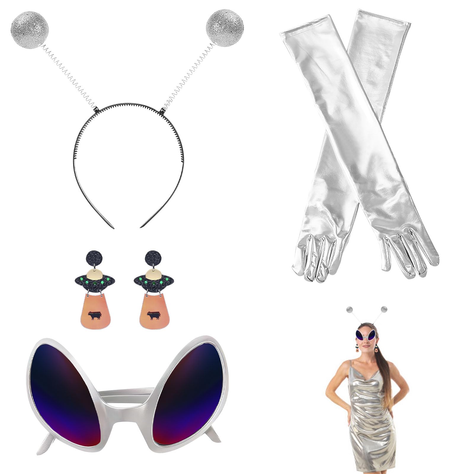 4 Piezas Juego de Disfraz de Alien, Gafas Alienígenas con Diadema de Alienígena, Pendientes Colgantes de Acrílico de UFO con Guantes Alienígenas para Mujer, Halloween, Cosplay, Mascarada Y Carnaval