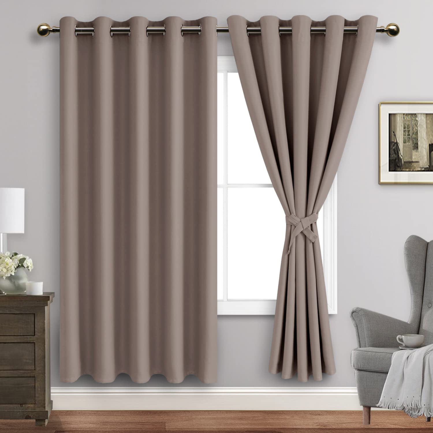 JIUZHEN Tan Blackout Curtains with Tiebacks - Thermal Insulated, Light Blocking and Noise Reducing Grommet Curtains for Bedroom and Living Room, Set of 2 Window Curtain Panels, 60 x 72 Inch Length