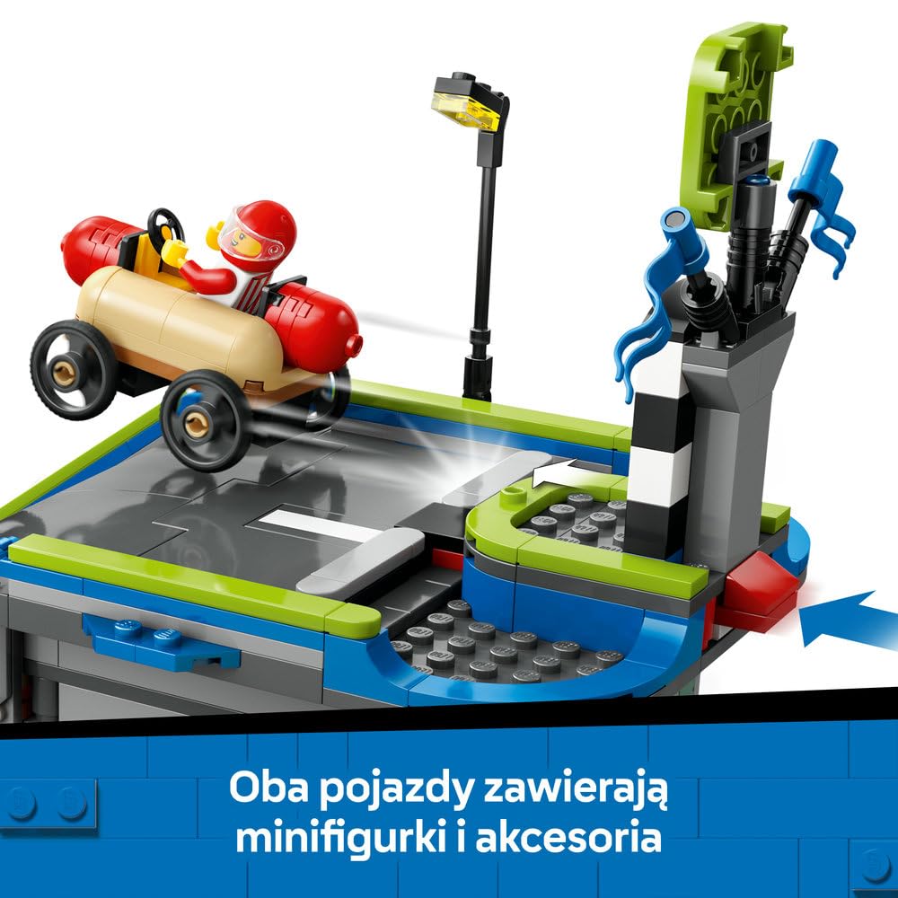 LEGO City Bez Granic: Tor z Rampami Dla Wyścigówek, Konstrukcyjna Zabawka dla Dziecka do Zbudowania, Pojazdy z Minifigurkami, w tym Hydraulik, Prezent dla 6-latka, dla Chłopca i Dziewczynki, 60460