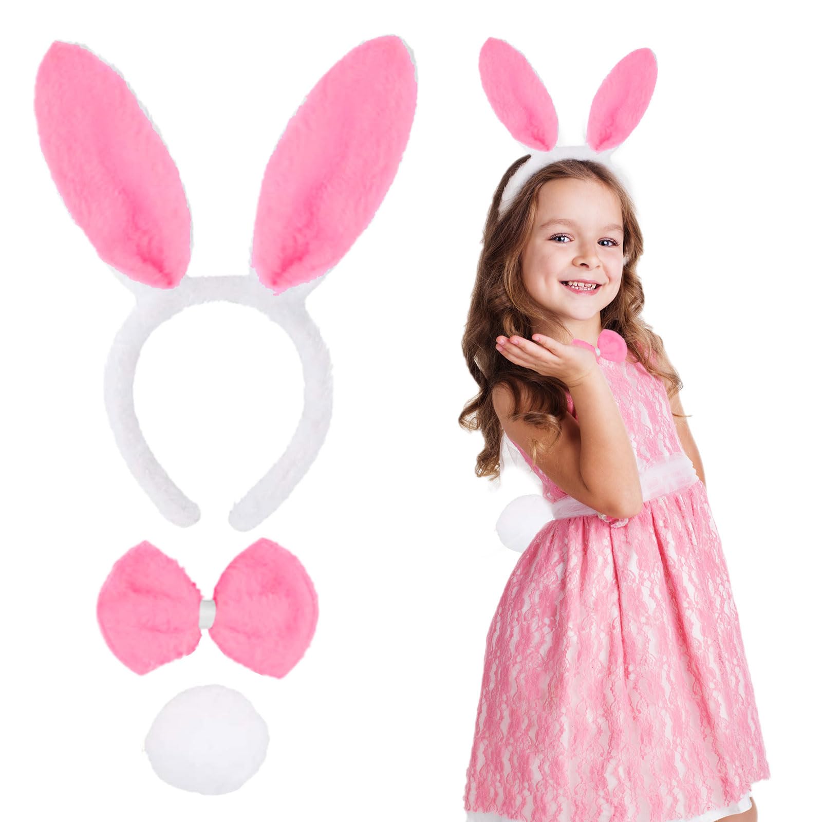 EUPSIIU 3 Pcs Bunny Cosplay Costumes Easter Bunny Ears Set, Bunny Ears Bow Tie Round Tail, Bunny Dress up Set for Halloween Christmas Cosplay Party Dress Costume Dress Up for Kids and Adults (Pink)