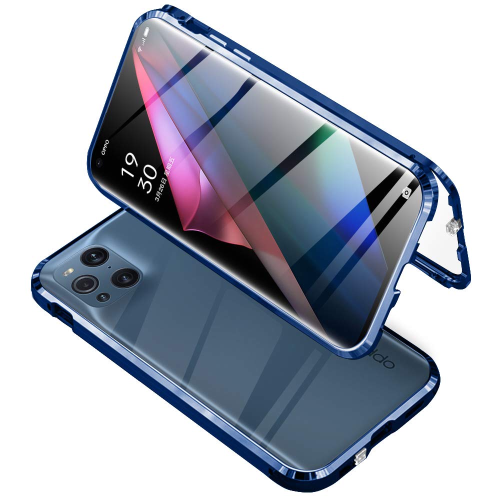 Case Compatible with Oppo Find X3 Pro, Magnetic Adsorption with Lock Design, 360 Protection Front Back Tempered Glass Aluminum Frame Cover, Shockproof Transparent Case, Blue