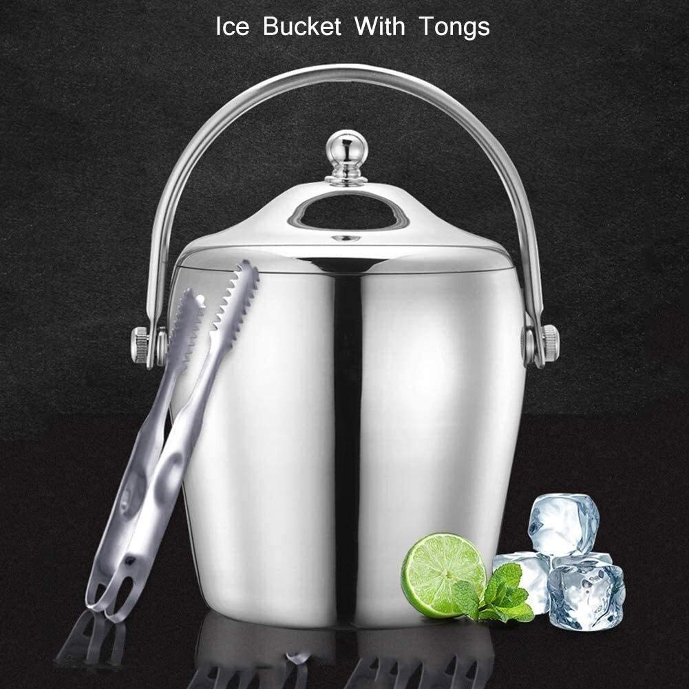 Cubo de hielo de acero inoxidable con aislamiento de doble pared, cubo de hielo portátil para champán y vino, cubo de hielo de doble pared con pinzas para hielo, enfriador de vino plateado, tina