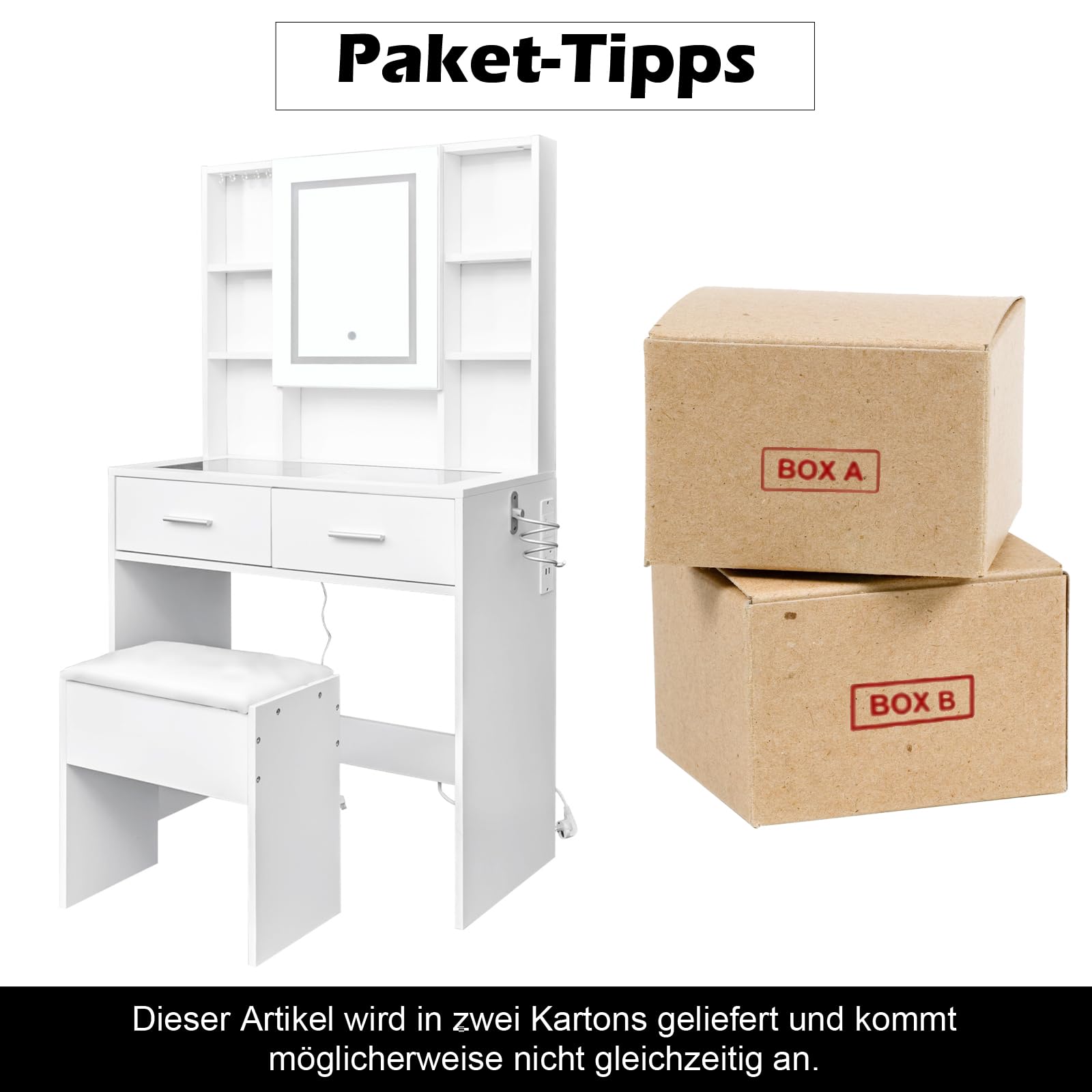 LEADZM Schminktisch mit Beleuchtung, Spiegel & Hocker (Weiß, 80x40x140 cm) | 3-Farben Licht, Glastisch mit Steckdose/Haartrocknerhalterung, 2 Schubladen & 6 Ablagen, Modernes Design