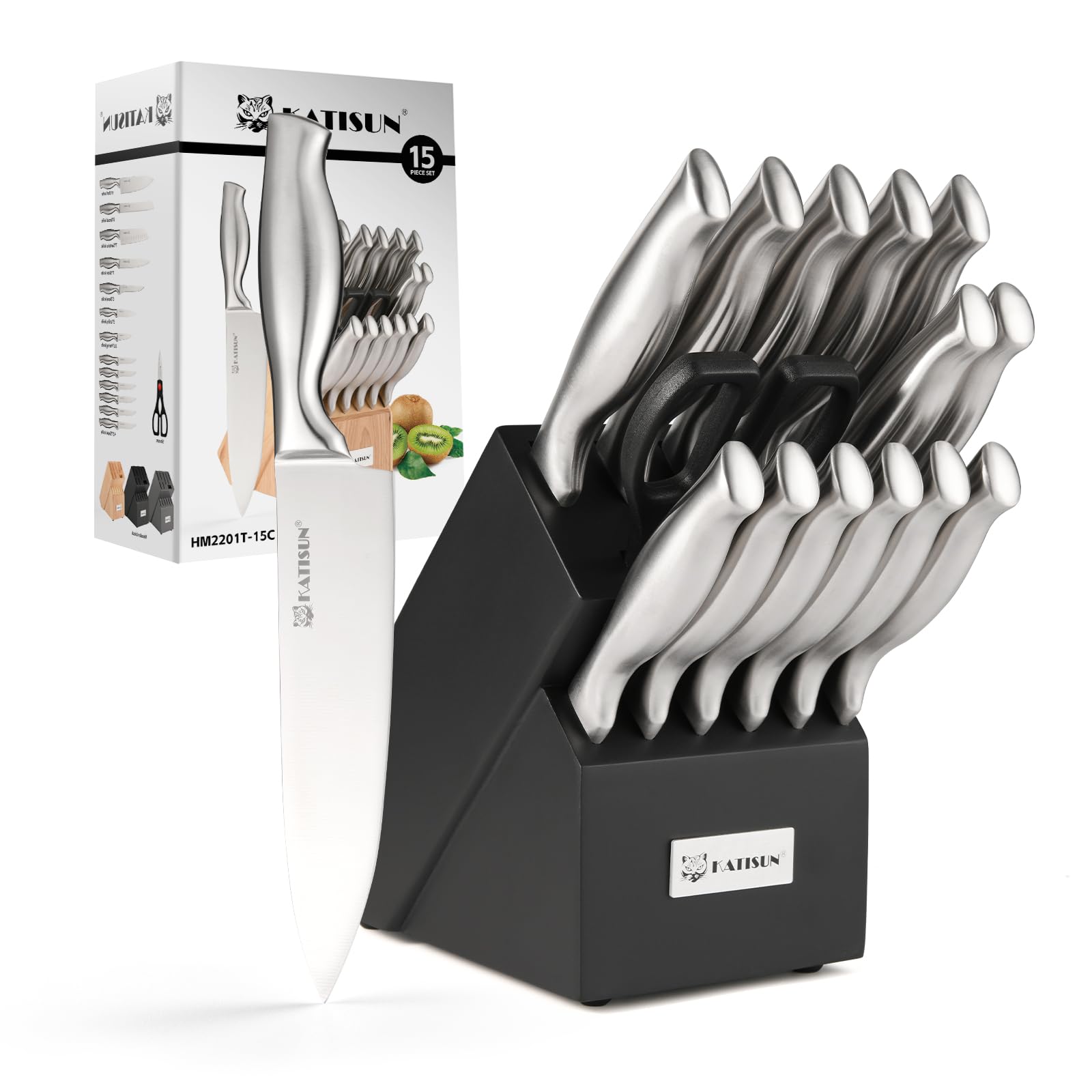 Kitchen Knife Set, 15 Pieces Knife Set with Block, Knives Set for Kitchen, Silver Hollow Ergonomic Handle for Chef Knife Set, Kitchen Shears,Black Knife Block Set, HM2201T-15B