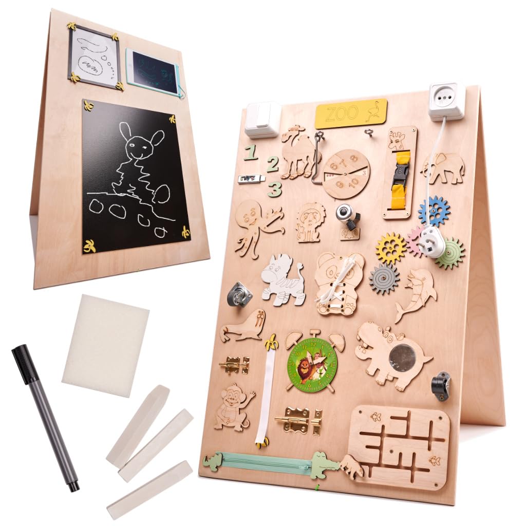 Leo - Quadro di attività sensoriale Montessori Busy Board in legno autoportante double face naturale Zoo 75 cm