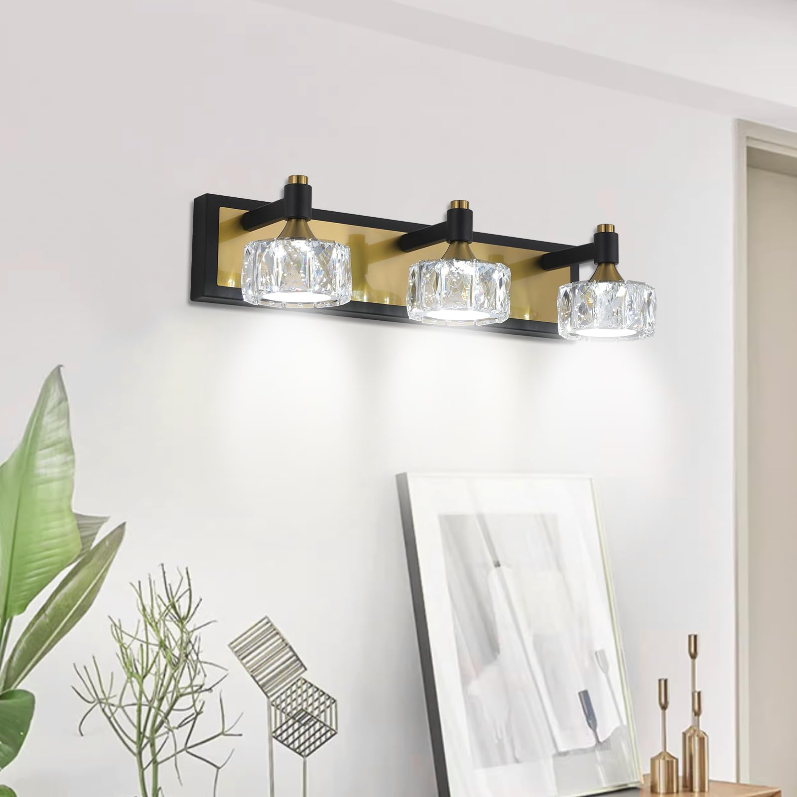 VDOQTLJT Enhance Your Bathroom with Modern Crystal LED Wall Light 3-Light Fixture with Black Copper Finish