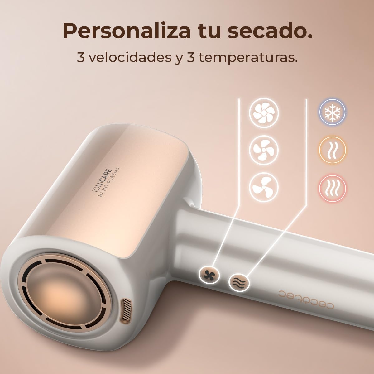 Cecotec Secador de Pelo Brushless de Última Generación DryGlam Nano Plasma Champagne. Potencia de 110,000 RPM y 1600W, Función de Plasma, Gran Flujo de Aire, Duradero, 3 Temperaturas y 3 Velocidades