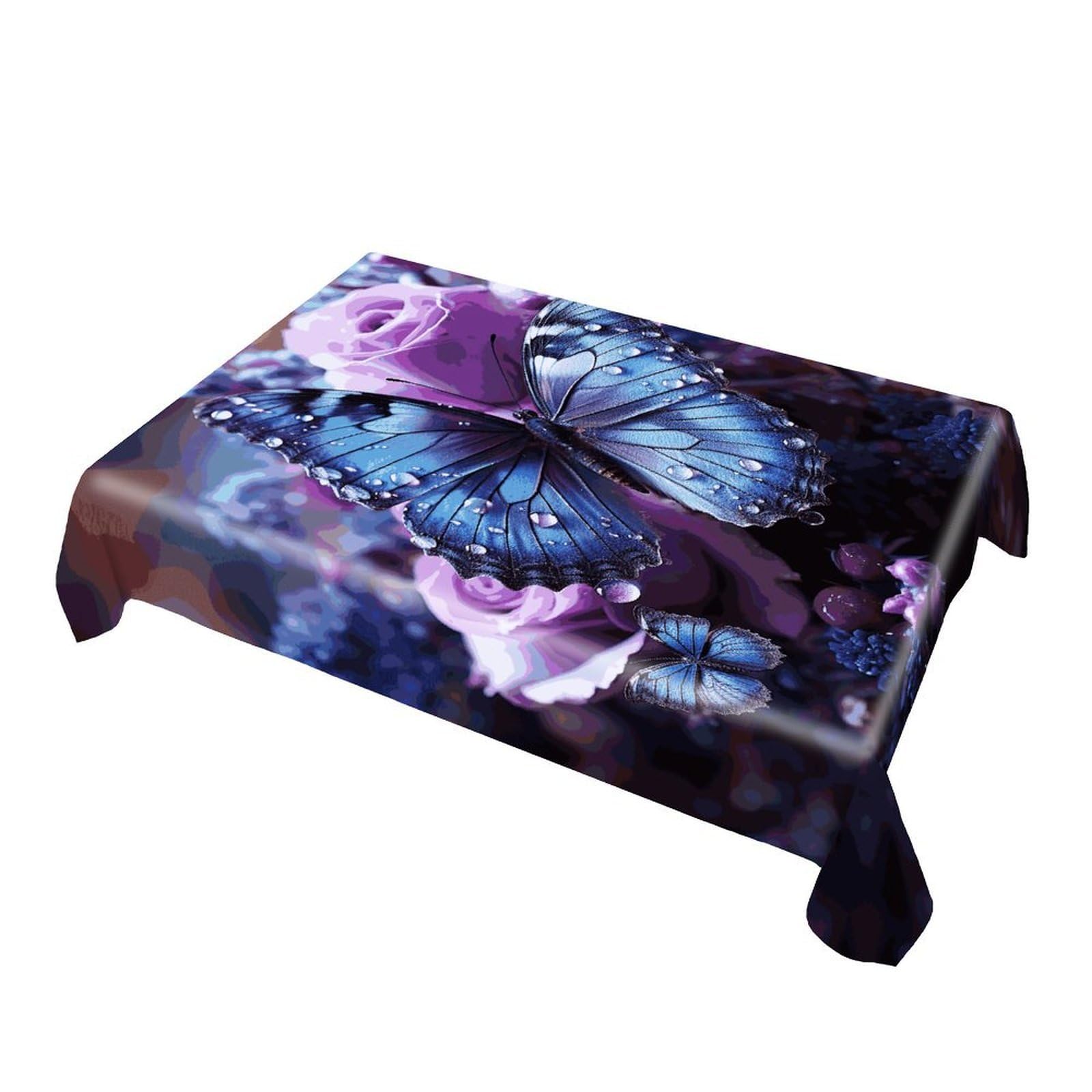 Mantel rectangular con diseño de rosa morada con hermosa mariposa, 4 tamaños, poliéster, mantel de mesa de picnic a borde vertical, patrón impreso transparente, tela lavable resistente, 60 x 120