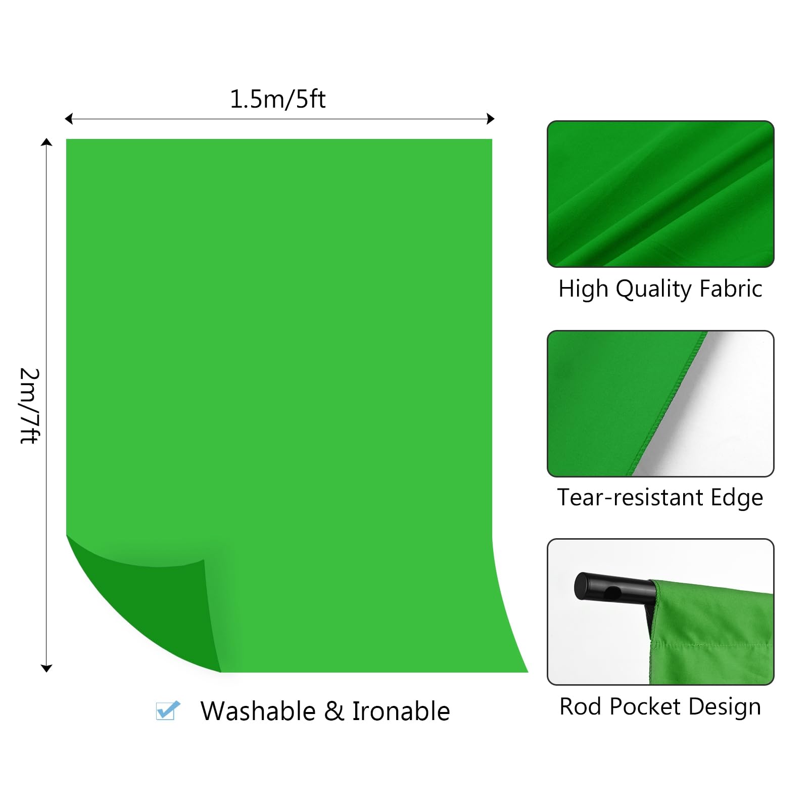 HUIOP 1,5 x 2 m. Kit de photographie de fond avec écran de fond vert avec support de fond réglable en forme de T, 5 pinces de fond