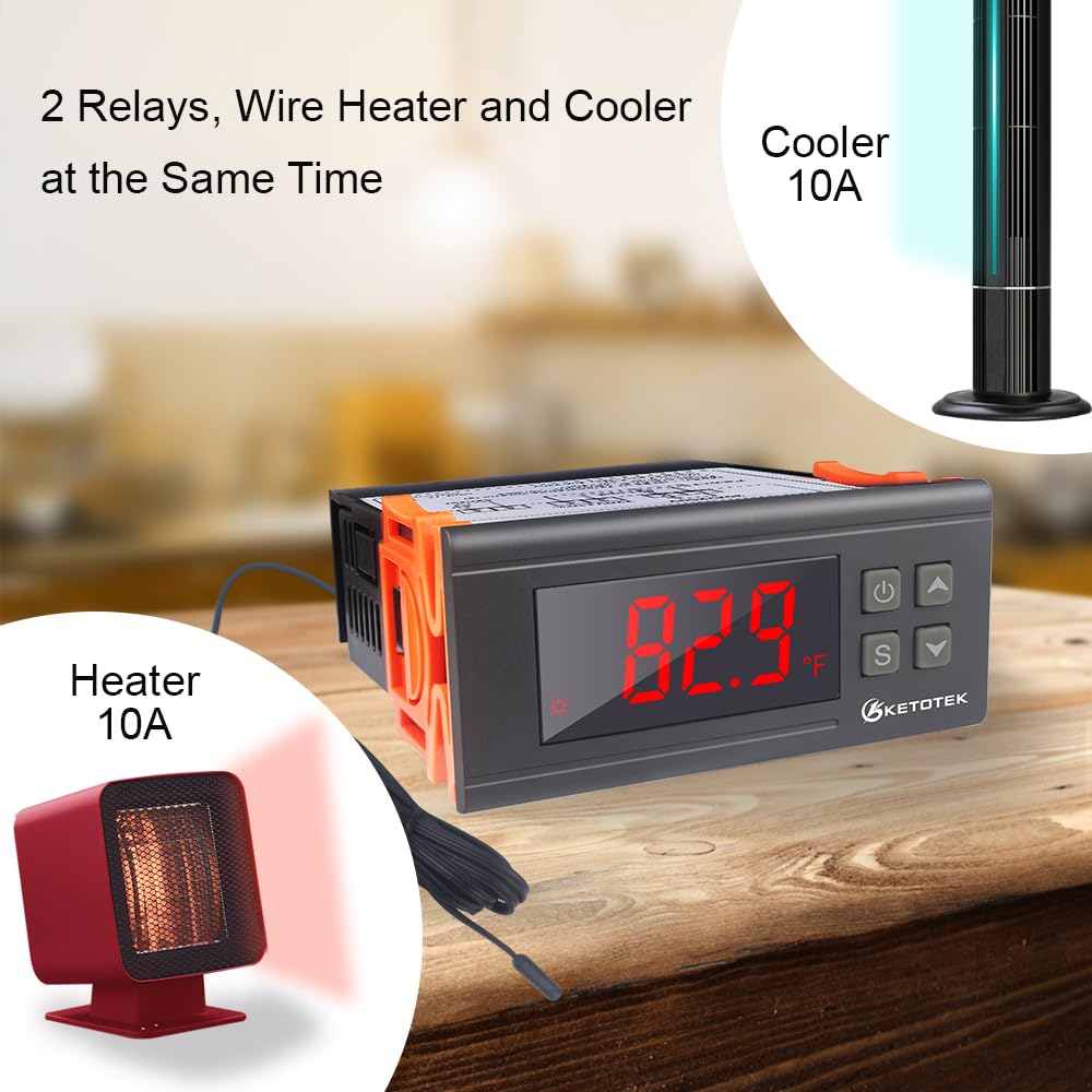 KETOTEK Digital Temperature Controller AC110V 10A Fahrenheit Thermostat with 2m Waterproof Sensor 2 Relays Heating Cooling Incubator